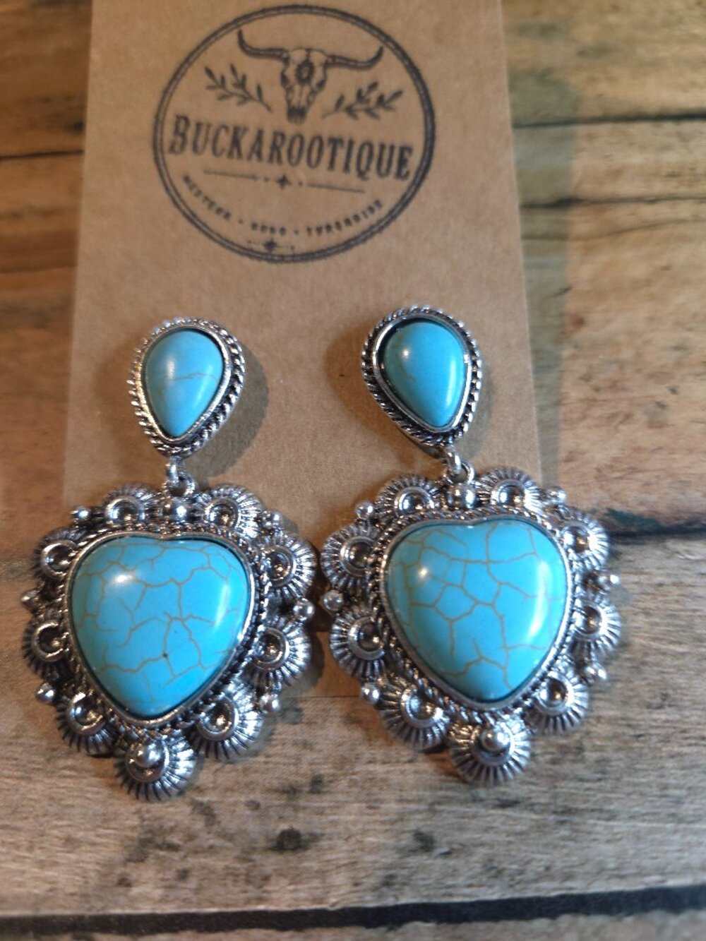 Western Turquoise Concho Heart Statement Earrings Boho Rodeo Cowgirl